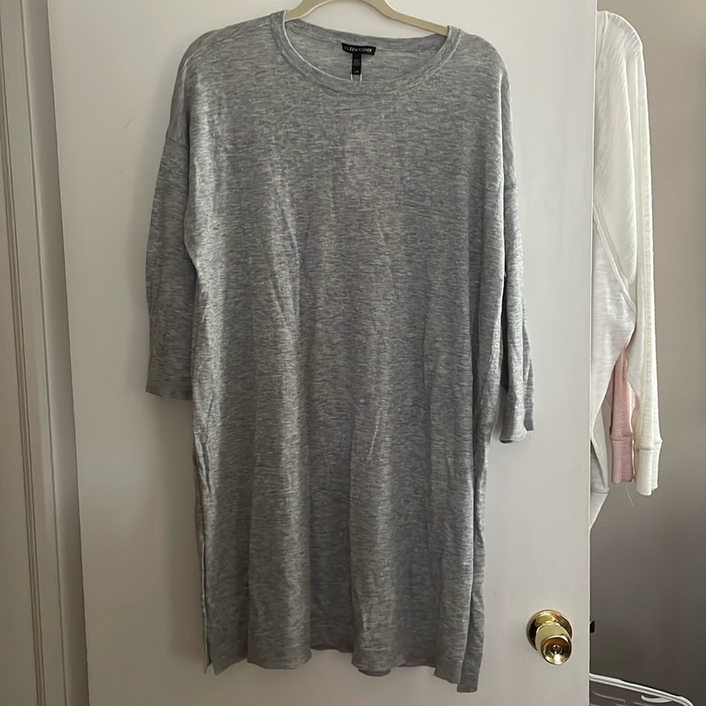 Eileen Fisher gray thin long sweater tunic top. Size Large New with tags